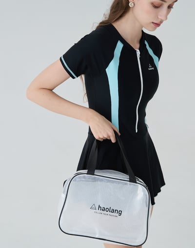 Haolang 經典拼色短袖拉鍊連身裙泳衣4