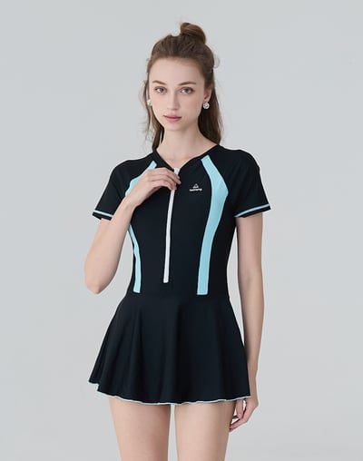 Haolang 經典拼色短袖拉鍊連身裙泳衣1