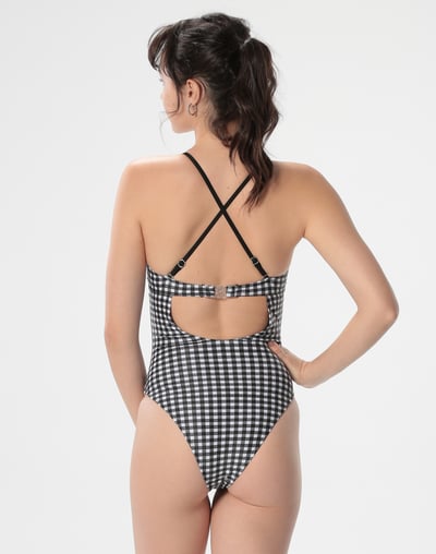 Haolang 黑白格紋肩帶式連身泳衣/四種穿法7
