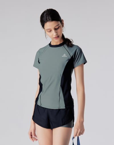 Haolang 炭灰綠拼色短袖泳衣5