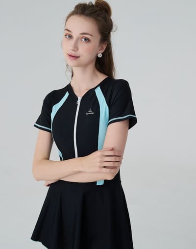 Haolang 經典拼色短袖拉鍊連身裙泳衣6