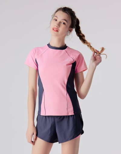 Haolang 櫻粉花瓣拼色短袖泳衣5