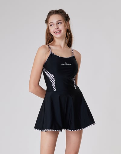 Haolang 經典黑格紋顯瘦連身裙泳衣3