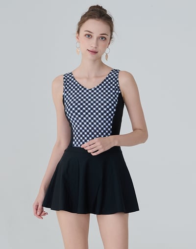 Haolang 黑白格紋連身裙泳衣6