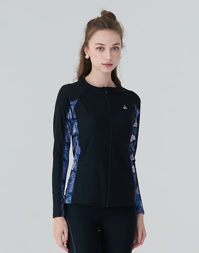 Haolang 經典黑花葉長袖拉鍊泳衣1