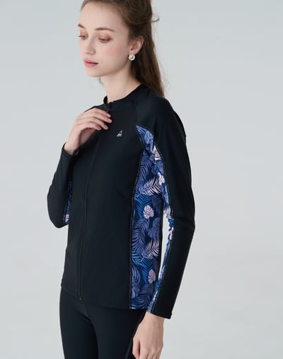 Haolang 經典黑花葉長袖拉鍊泳衣4