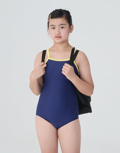 Haolang 深海藍撞色少女連身三角泳衣5