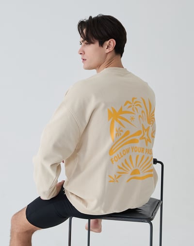 Haolang 中性厚磅落肩大學T米杏色2