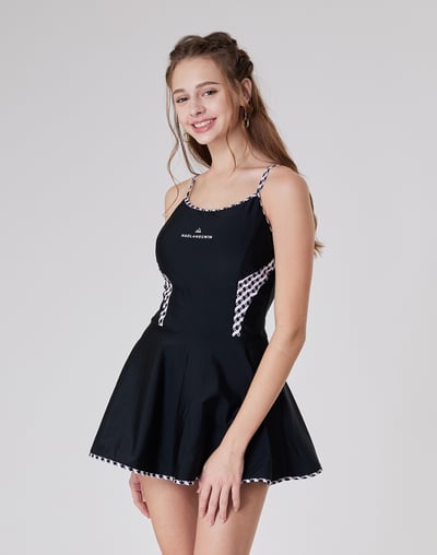 Haolang 經典黑格紋顯瘦連身裙泳衣1