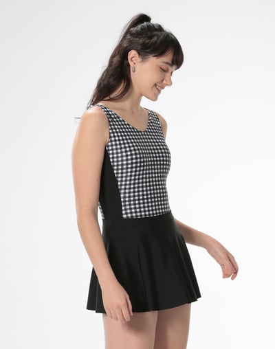 Haolang 黑白格紋連身裙泳衣3