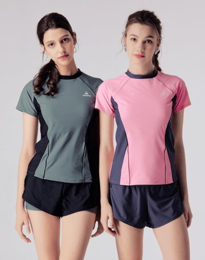 Haolang 櫻粉花瓣拼色短袖泳衣6