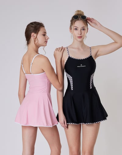 Haolang 經典黑格紋顯瘦連身裙泳衣6