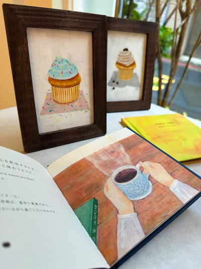 【限定作家うのまみUno Mami迷你原畫作品】繪本《coffee time》&《lemon time》繪者 (附質感木框))1