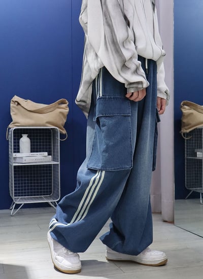 【 Giusto 】兩側3線大口袋鬆緊牛仔寬褲3