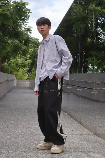 雙側邊配色幾何線條工裝寬褲8