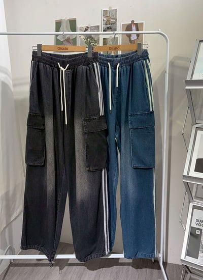 【 Giusto 】兩側3線大口袋鬆緊牛仔寬褲7