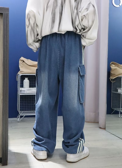 【 Giusto 】兩側3線大口袋鬆緊牛仔寬褲8