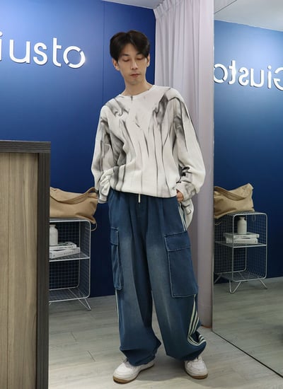 【 Giusto 】兩側3線大口袋鬆緊牛仔寬褲4