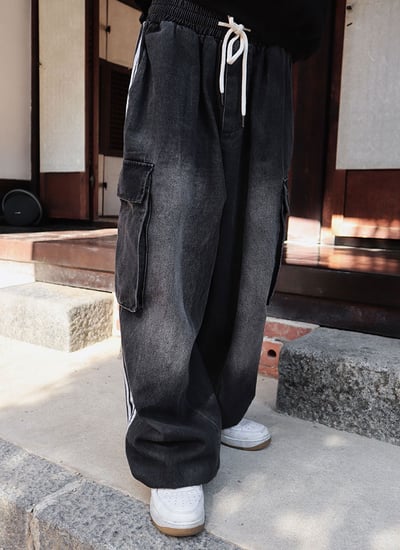 【 Giusto 】兩側3線大口袋鬆緊牛仔寬褲5