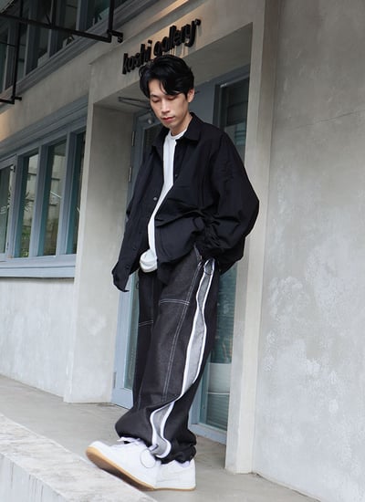 【 Giusto 】前車線兩側配色邊條牛仔寬褲3