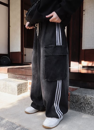 【 Giusto 】兩側3線大口袋鬆緊牛仔寬褲1