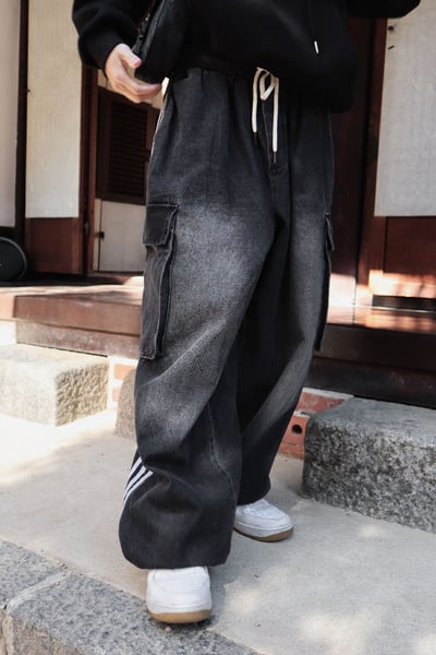 【 Giusto 】兩側3線大口袋鬆緊牛仔寬褲3