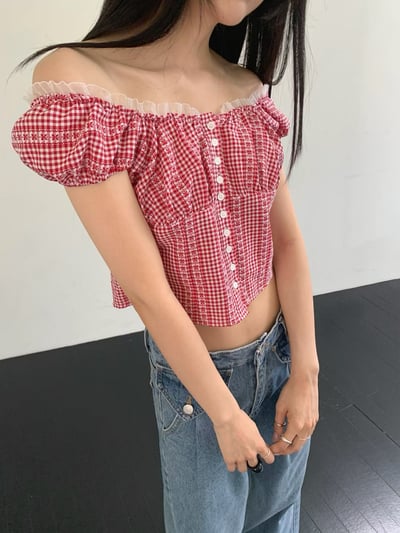 ♡正韓♡蕾絲排扣格紋上衣4