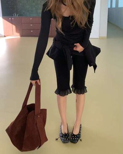 ♡正韓♡鬆緊荷葉褲管卡布里褲5