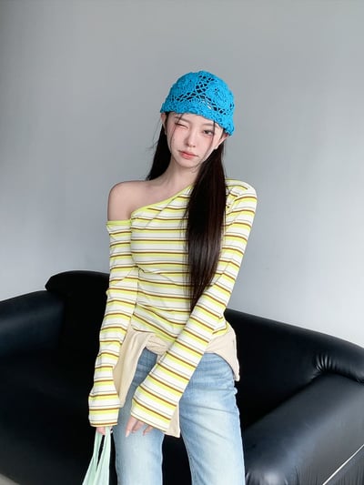 ♡正韓♡斜肩條紋上衣1