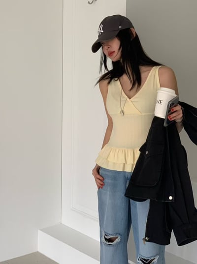 ♡正韓♡交叉下擺荷葉背心上衣6