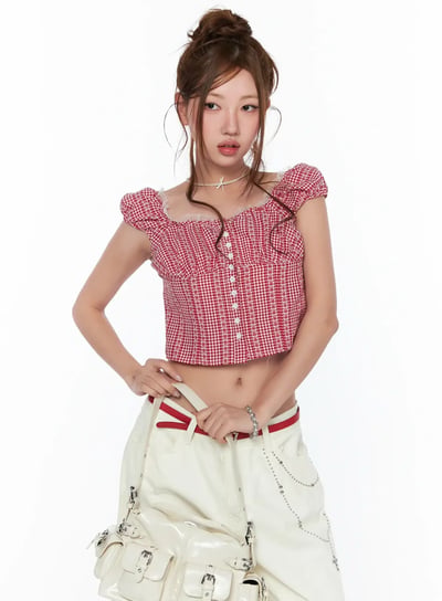 ♡正韓♡蕾絲排扣格紋上衣6