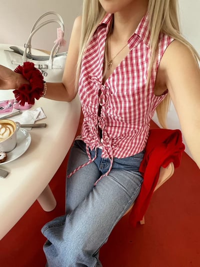 ♡正韓♡格紋綁帶蝴蝶結上衣2
