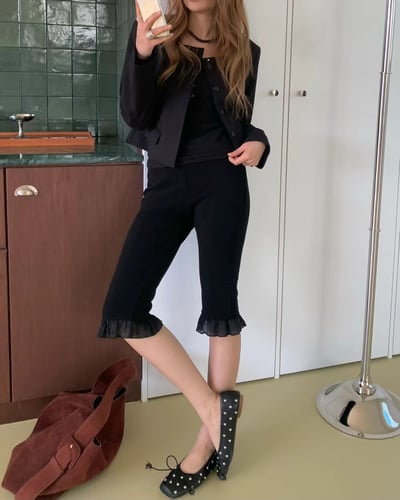 ♡正韓♡鬆緊荷葉褲管卡布里褲3