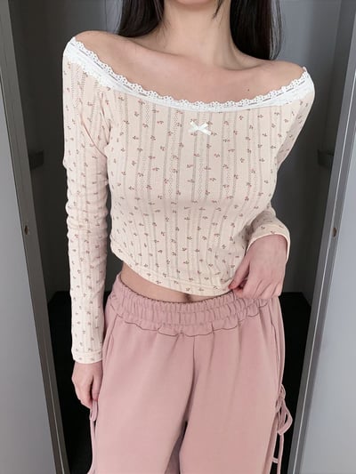 ♡正韓♡小碎花蕾絲蝴蝶結斜切上衣3