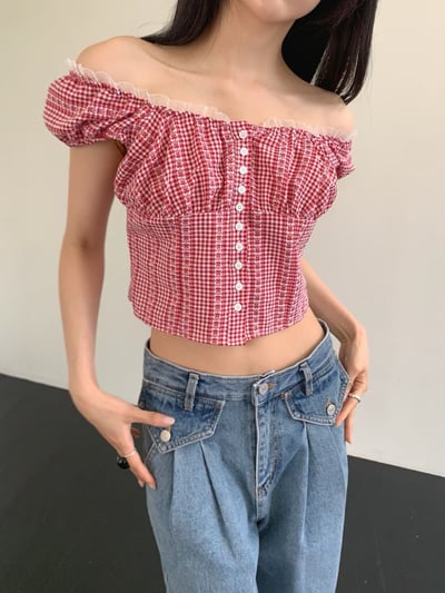 ♡正韓♡蕾絲排扣格紋上衣7