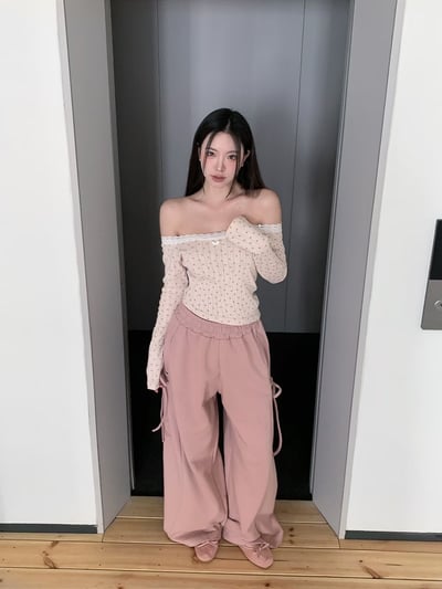 ♡正韓♡小碎花蕾絲蝴蝶結斜切上衣5