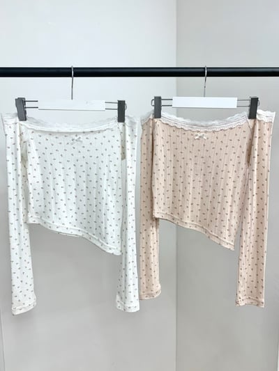 ♡正韓♡小碎花蕾絲蝴蝶結斜切上衣14