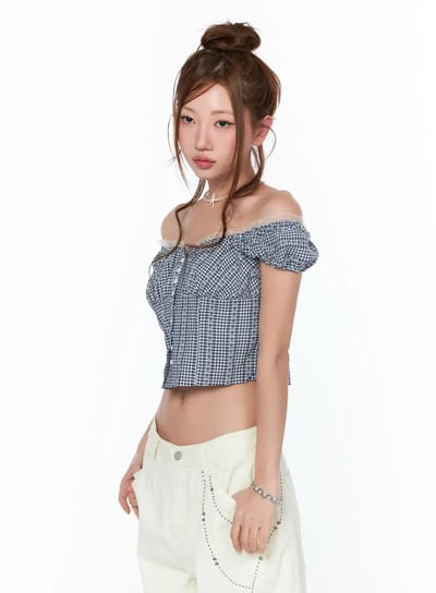 ♡正韓♡蕾絲排扣格紋上衣10