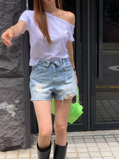 ♡正韓♡破損斜肩短上衣3