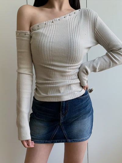 ♡正韓♡斜肩卯釘上衣5