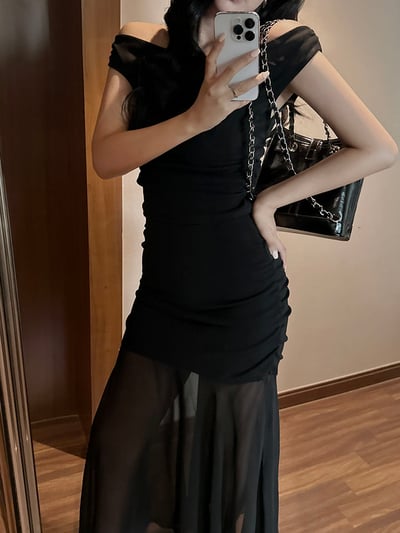 ♡正韓♡氣質抓皺上衣＋拚紗抓皺長裙12