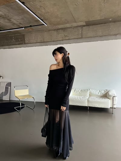 ♡正韓♡拼紗長袖洋裝可斜肩7