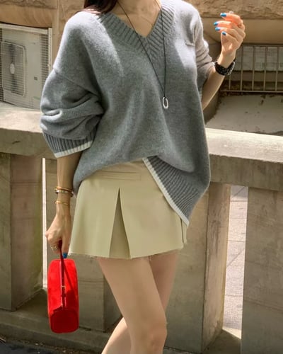 ♡正韓♡斜紋布挺版打褶褲裙1