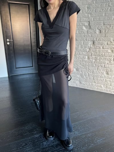 ♡正韓♡側抽繩透膚長裙9