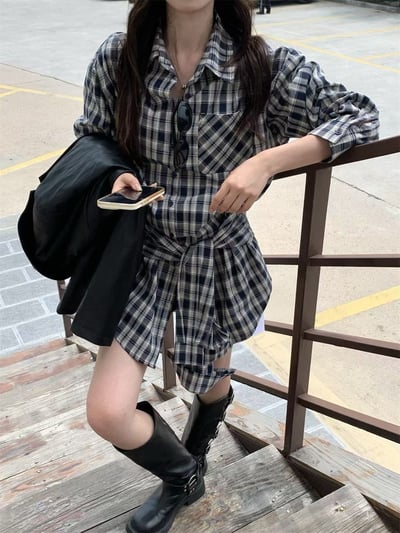 ♡正韓♡格紋襯衫綁帶洋裝7