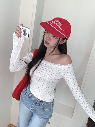 ♡正韓♡小碎花蕾絲蝴蝶結斜切上衣10