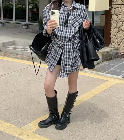 ♡正韓♡格紋襯衫綁帶洋裝6