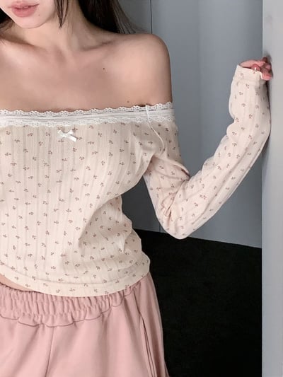 ♡正韓♡小碎花蕾絲蝴蝶結斜切上衣4