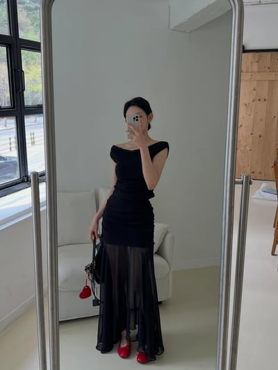♡正韓♡氣質抓皺上衣＋拚紗抓皺長裙6