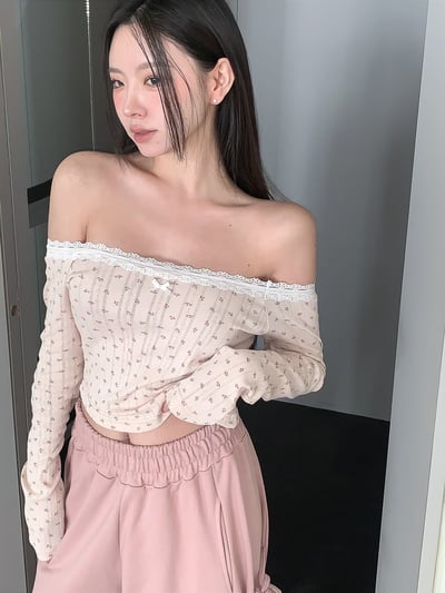 ♡正韓♡小碎花蕾絲蝴蝶結斜切上衣2